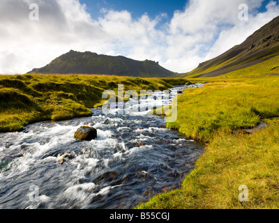 Pura acqua chiara in un flusso con Mt Stapafell in background Snaefellsnes in Islanda Foto Stock