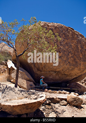 Donna chiedendo circa arte boscimane petroglyph sotto la roccia in Brandberg massiccio montuoso della Damaraland Namibia Foto Stock