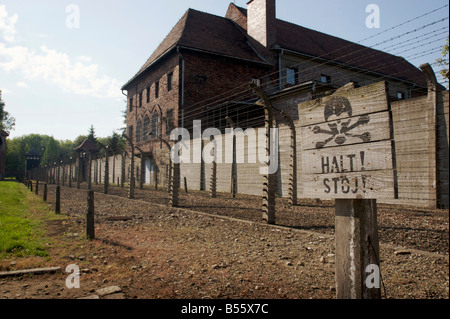 Avvertenza stop con cranio&ossa simbolo nella parte anteriore del filo spinato recinzione elettrificata nell'ex campo di concentramento di Auschwitz ho Foto Stock