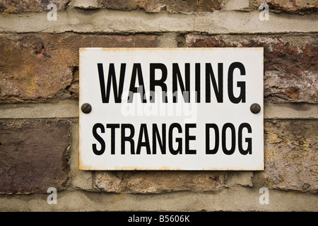Segno umoristico sulla parete di avvertimento del cane strano Foto Stock