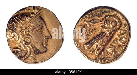 Il Greco antico moneta (riproduzione) Starter d'Oro di Atene da c296 BC. Retromarcia: Owl. Complementare: Testa di Athena Foto Stock