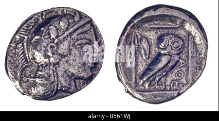 Il Greco antico moneta (riproduzione) Didrachm argento di Atene da c460 BC. Complementare; testa di Athena. La retromarcia; il gufo Foto Stock