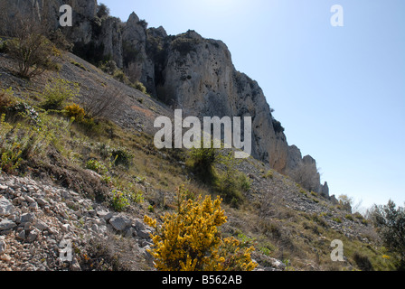 Ghiaione vicino a Els Frares pinnacoli di roccia, Sierra de Serrella, Comtat, Provincia di Alicante, Comunidad Valenciana, Spagna Foto Stock