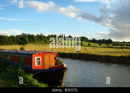 Canal Boat / Barca stretta in tarda estate con balle in background. Foto Stock