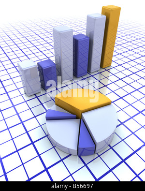 3D render di un grafico a barre e un grafico a torta Foto Stock