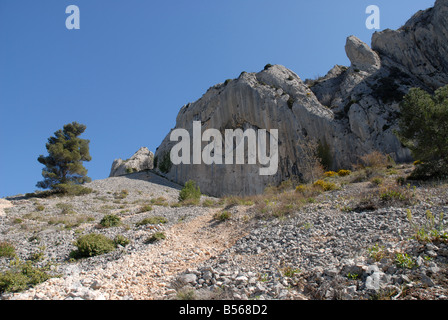 Ghiaione vicino a Els Frares pinnacoli di roccia, Sierra de Serrella, Comtat, Provincia di Alicante, Comunidad Valenciana, Spagna Foto Stock