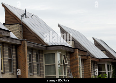 Guscio di pannelli solari montati su case sul più grande del mondo a energia solare alloggiamento station wagon, Nieuwland, Amersfoort, Paesi Bassi. Foto Stock