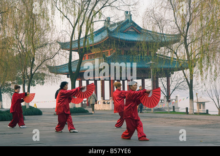 Donne praticare il tai chi nella parte anteriore di un Padiglione sul Lago Ovest, Hangzhou, nella provincia di Zhejiang, Cina e Asia Foto Stock