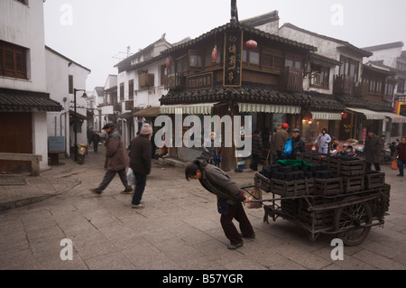 Una donna di trazione di un carrello di carbone mattoni su un vecchio Street nel quartiere di Shantang di Suzhou, provincia dello Jiangsu, Cina e Asia Foto Stock