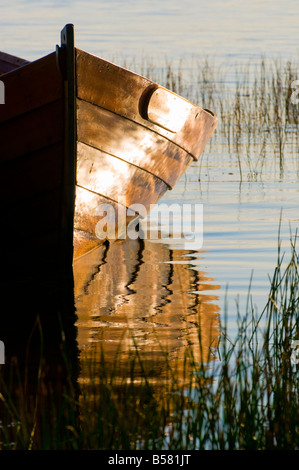 Barca di legno tradizionale in ancora un loch con canneti Foto Stock