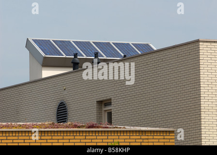 Guscio di pannelli solari montati su case sul più grande del mondo a energia solare alloggiamento station wagon, Nieuwland, Amersfoort, Paesi Bassi. Foto Stock