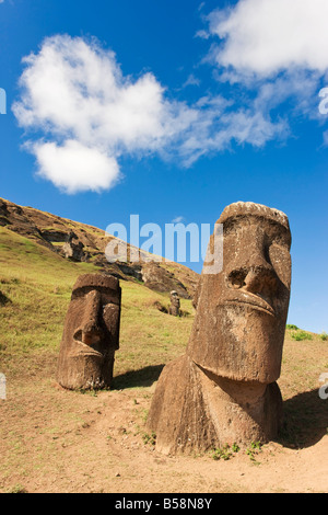 Gigante di pietra monolitica Moai statue a Rano Raraku, Rapa Nui (l'Isola di Pasqua), il Sito Patrimonio Mondiale dell'UNESCO, Cile, Sud America Foto Stock