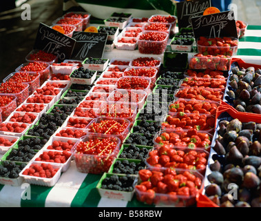 Frutta estiva, mercato Rue Mouffetard, Parigi, Francia, Europa Foto Stock