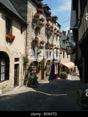 Pentole e windowboxes dei gerani sulle case sulla Rue de Jerzual a Dinan Bretagna Francia Europa Foto Stock