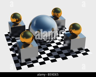 Fantastica costruzione tre sfere dimensionali su piedistalli su un piano di scacchi Foto Stock