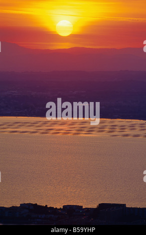 Tramonto su OYSTER FARM "Bassin de Thau' BASIN LANGUEDOC FRANCIA Foto Stock