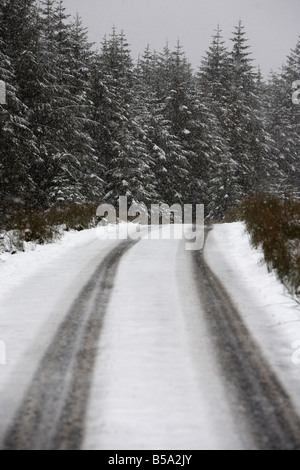 Neve e ghiaccio su un telecomando rurale di strada di montagna in esecuzione passato una foresta nella contea di Antrim Irlanda del Nord Regno Unito Foto Stock