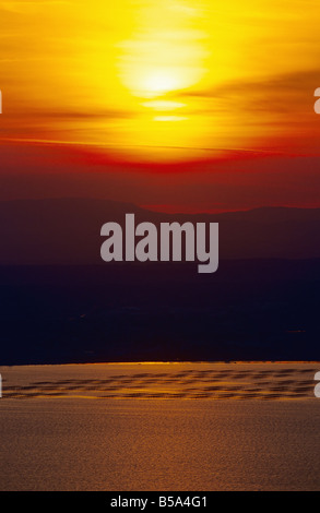 Tramonto su OYSTER FARM "Bassin de Thau' BASIN LANGUEDOC FRANCIA Foto Stock