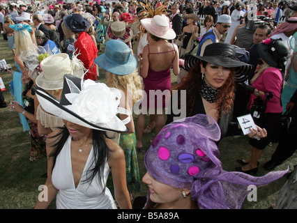 Le donne in cappelli a Nad Al Sheba cavallo di razza in corso, Dubai, Emirati Arabi Uniti Foto Stock