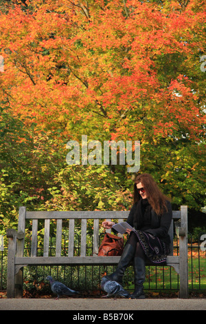 La donna si siede su una panchina nel parco la lettura al di sotto del golden fogliame di autunno in Jephson Gardens in Royal Leamington Spa Warwickshire, Regno Unito Foto Stock