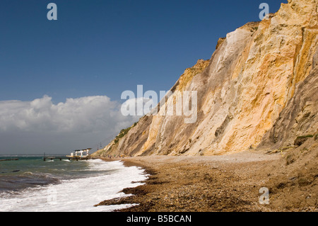 La spiaggia e multi-colore di scogliere di allume Bay, accessibile dalla seggiovia, Isle of Wight, Hampshire, Inghilterra, Europa Foto Stock