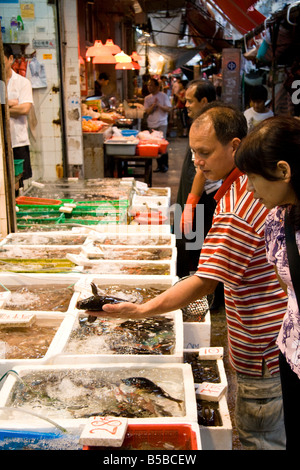 Agli acquirenti di scegliere il pesce in una carne e il mercato del pesce di Hong Kong, Cina Foto Stock