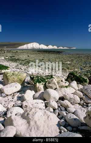 Vista verso le sette sorelle dalla spiaggia sottostante testa di Seaford, East Sussex, Inghilterra, Europa Foto Stock