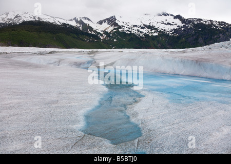 Sciogliendo i ruscelli di ghiaccio in cima al ghiacciaio Mendenhall vicino a Juneau, Alaska Foto Stock