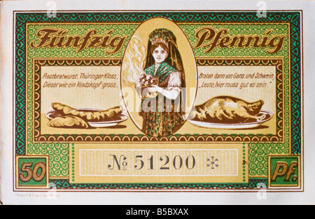 Notgeld - Tedesco il denaro di emergenza. 50 pfennig nota da Leutenberg in Thuringen (Città Termale) 1921 Foto Stock