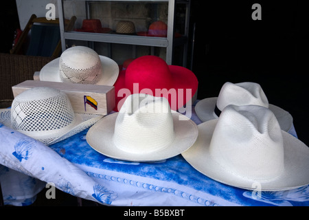 Panama cappelli sul display al di fuori di un negozio a Montecristi Ecuador Foto Stock