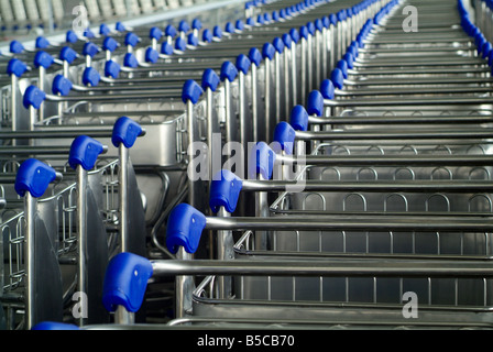 Lunga fila di carrelli bagagli in un aeroporto Foto Stock