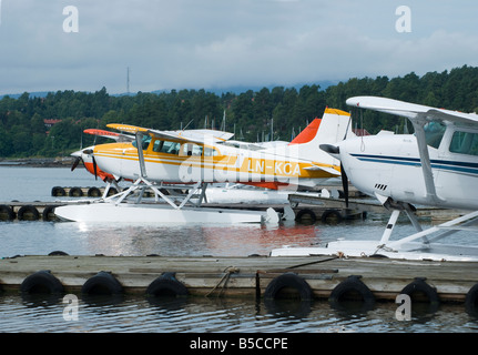 Tre idrovolanti Cessna 206 Sationair Cessna 185 Skywagon e Cessna 172 Skyhawk Foto Stock