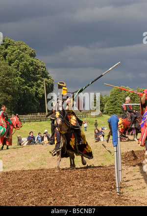 Cavaliere a cavallo della carica in una giostra Foto Stock