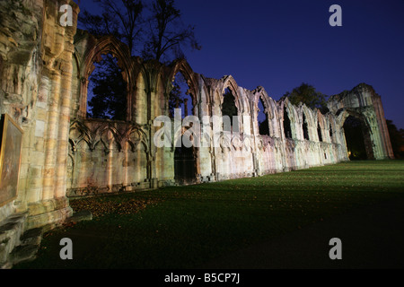 Città di York, Inghilterra. Protezionista Ross Ashton progetti la sua arte progetto "Accendo' sui ruderi medievali del St Mary's Abbey. Foto Stock