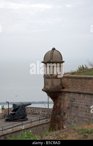 Gun emplacement al Castell de Montjuïc, Barcellona, Spagna Foto Stock