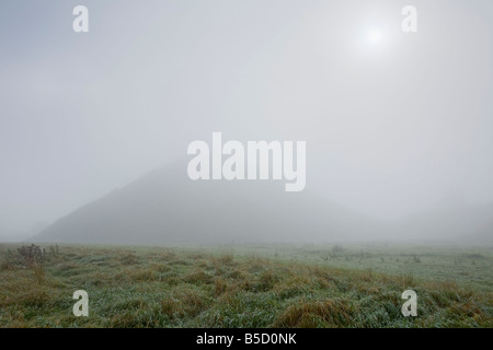 Silbury Hill nella nebbia mattutina Wiltshire, Inghilterra Foto Stock