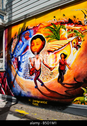 California San Francisco murale nel distretto di missione dipinta da Joel Bergner intitolato El Inmigrante. Foto Stock