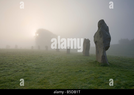 Avebury Stone Circle nella nebbia mattutina Wiltshire, Inghilterra REGNO UNITO Foto Stock