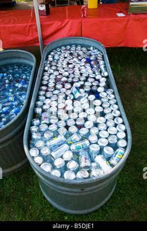 Alluminio lattine di soda in ghiaccio trogolo di acqua Foto Stock