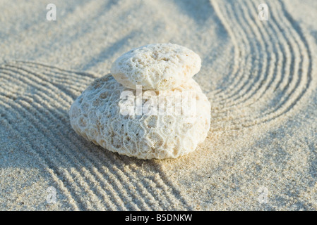 Pila di corallo sulla sabbia rastrellata Foto Stock