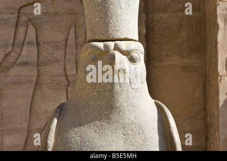 Statua del dio egizio Horus presso il Tempio di Horus in Edfu Egitto Foto Stock