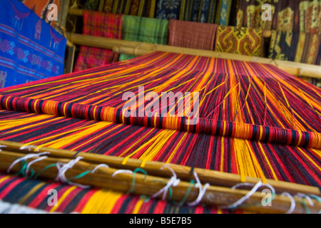 Tessitura ikat mostrando nel villaggio Sadan in Tana Toraja su Sulawesi in Indonesia Foto Stock