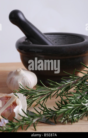 Aglio rosmarino Mortaio in marmo Foto Stock