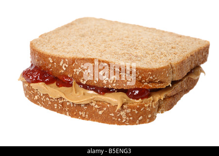 Burro di arachidi e gelatina di ritaglio a sandwich su sfondo bianco Foto Stock