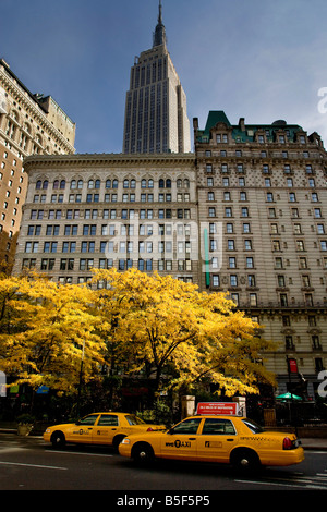 Empire State building e taxi,Broadway,new york,nuovo,york,l'america,Stati Uniti d'America. Foto Stock
