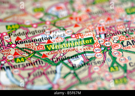 Westminster, Londra sulla mappa close up Foto Stock