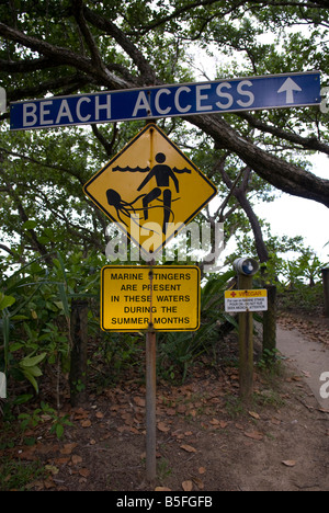 Un segnale di avvertimento per avvisare i visitatori alla presenza di marine stinger in North Queensland Australia Foto Stock