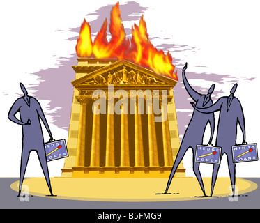 Illustrazione, New York Stock Exchange building scoppiare in fiamme, broker guardando la scena Foto Stock