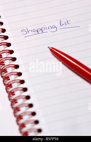 Shopping list redatto sul blocco note foderato con penna biro close up Foto Stock