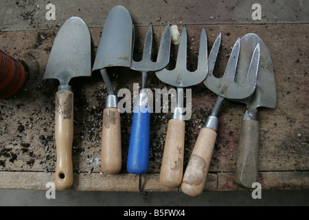 Una fotografia di stock di utensili da giardinaggio in un potting shed Foto Stock